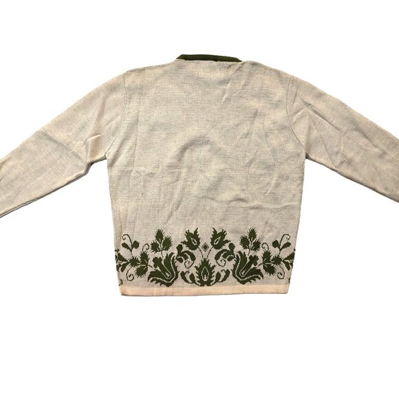 Vintage 1940s-1950s 3/4 Sleeve Crewneck Beige Olive Green Floral Woven Sweater - Picture 4 of 7